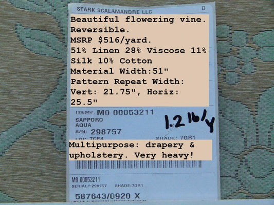 Scalamandre Romantic Sapporo Aqua Blue Brown Silk Linen Lampas MSRP USD 516/y Superb Weight! Vine