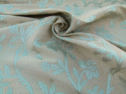 Scalamandre Romantic Sapporo Aqua Blue Brown Silk Linen Lampas Superb Weight! Vine MSRP USD 516/y