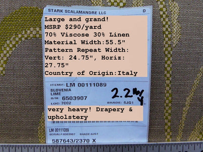 Scalamandre Slovenia Lime Green Large Crewel Flower Lampas Fr Italy Old World Weavers MSRP USD 290/Y