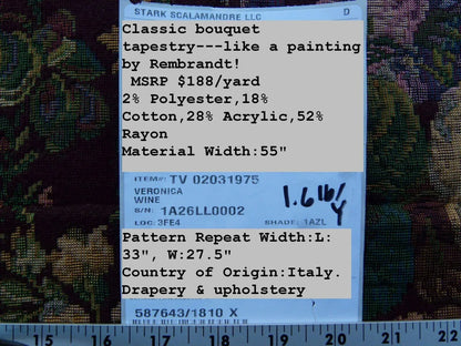Scalamandre Veronica Wine Red Rembrandt Rose Carnation Bouquet Red Green Pink Blue Old World Weavers Traditional Flower Tapestry MSRP USD 188