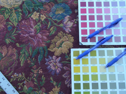 Scalamandre Veronica Wine Red Rembrandt Rose Carnation Bouquet Red Green Pink Blue Old World Weavers Traditional Flower Tapestry MSRP USD 188