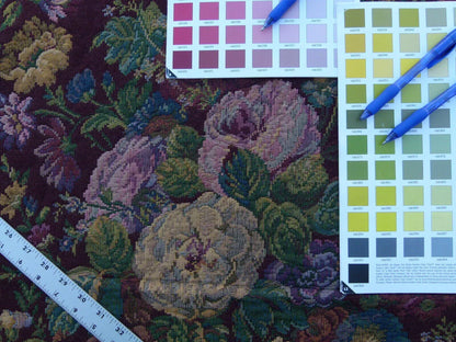 Scalamandre Veronica Wine Red Rembrandt Rose Carnation Bouquet Red Green Pink Blue Old World Weavers Traditional Flower Tapestry MSRP USD 188