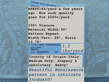 Scalamandre Old World Weavers Belluno White Renaissance Lace Damask MSRP USD 200/y