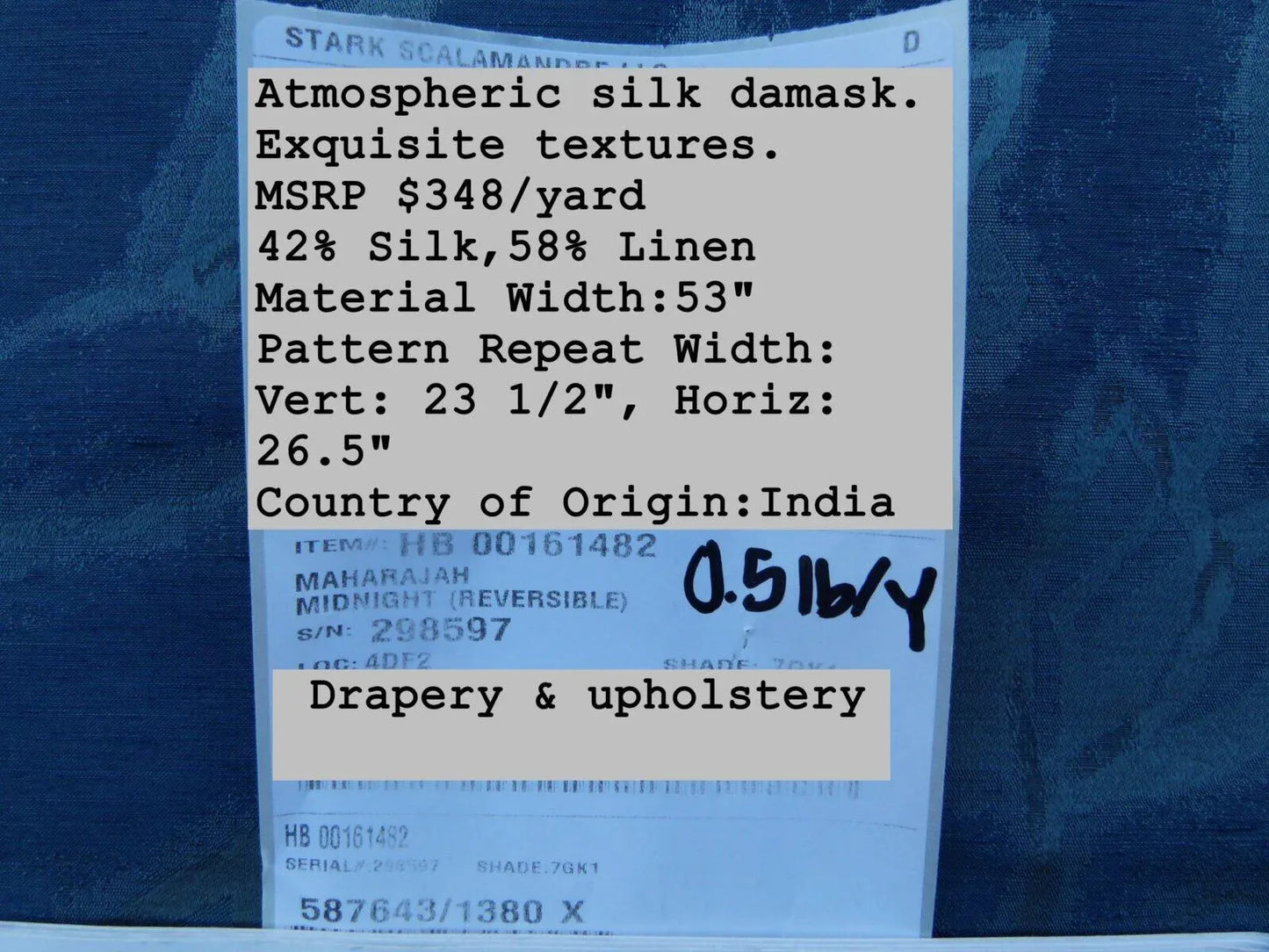 By Yard Scalamandre Gw Maharajah Midnight Blue Silk Linen Damask Reversible MSRP USD 348/Y