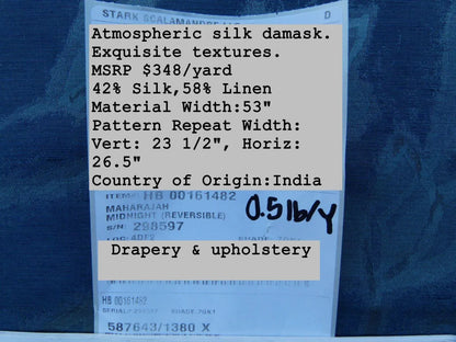 By Yard Scalamandre Gw Maharajah Midnight Blue Silk Linen Damask Reversible MSRP USD 348/Y