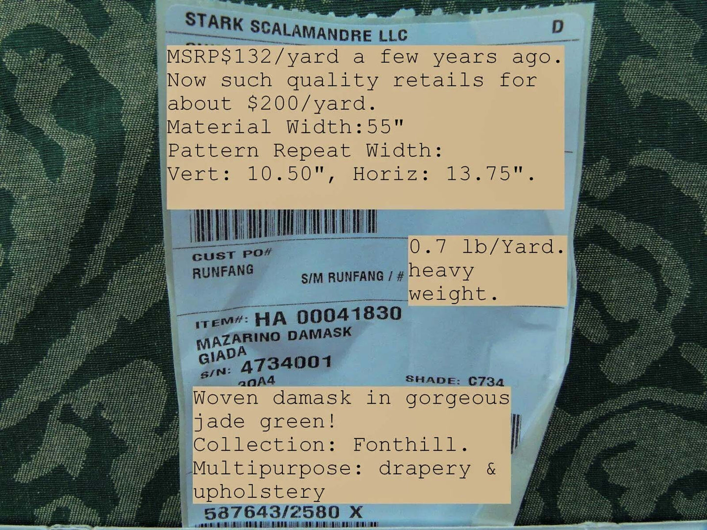 Scalamandre Mazarino Damask Giada Green Jade Cotton Fonthill MSRP USD 132 Heavy Fonthill