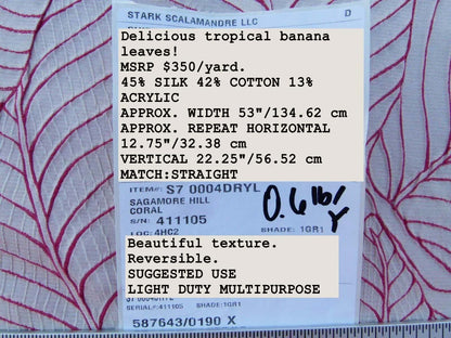 Scalamandre Sagamore Hill Coral Pink Silk Lampas Tropical Foliage Old World Weavers MSRP USD 492/Y