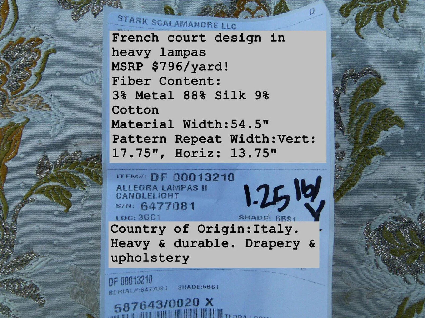 By Yd Scalamandre Old World Weavers Allegra Lampas II Candlelight Silk Oww Heavy MSRP USD 796/Y!