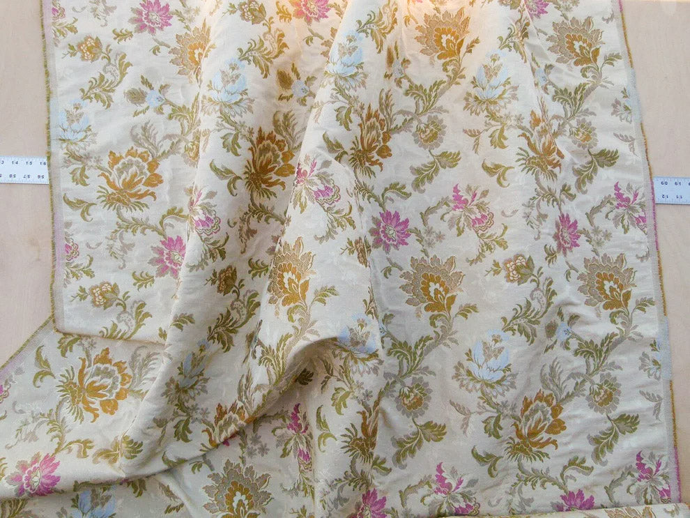 Scalamandre Old World Weavers Allegra Lampas II Candlelight Cream White Brown Blue Pink  Silk  Heavy- By The Yard- MSRP USD 796/Y!