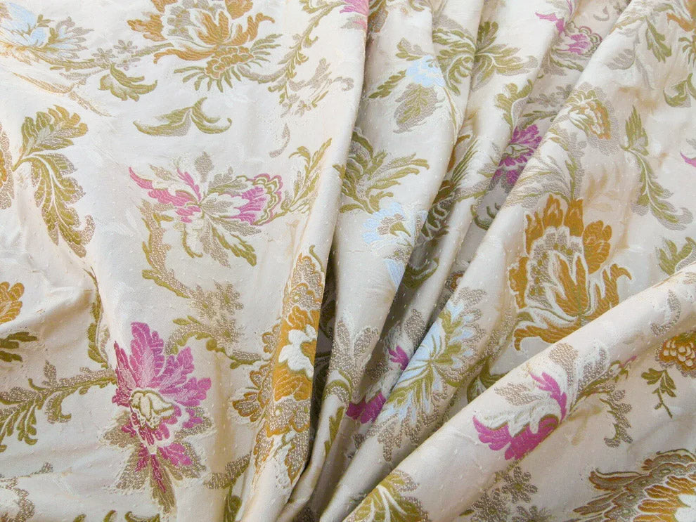 Scalamandre Old World Weavers Allegra Lampas II Candlelight Cream White Brown Blue Pink  Silk  Heavy- By The Yard- MSRP USD 796/Y!
