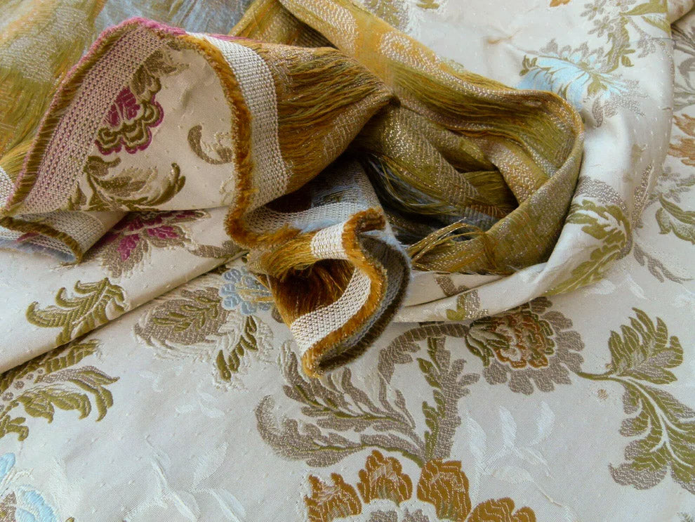Scalamandre Old World Weavers Allegra Lampas II Candlelight Cream White Brown Blue Pink  Silk  Heavy- By The Yard- MSRP USD 796/Y!