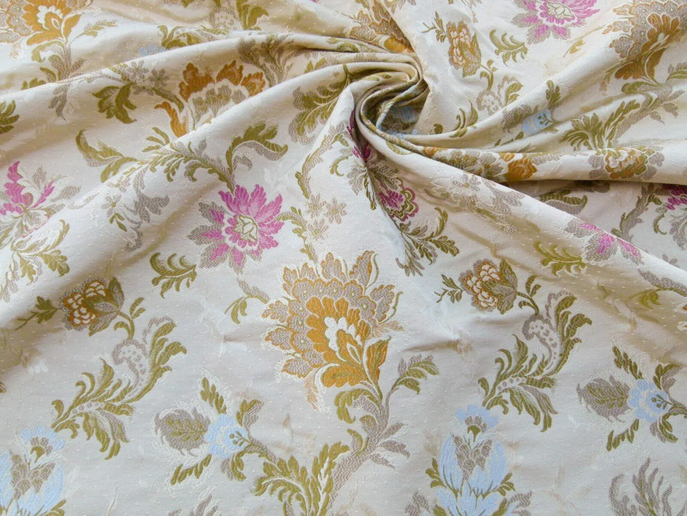 Scalamandre Old World Weavers Allegra Lampas II Candlelight Cream White Brown Blue Pink  Silk  Heavy- By The Yard- MSRP USD 796/Y!