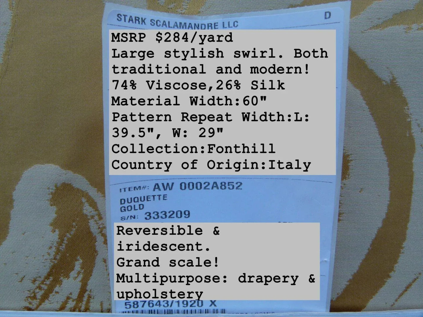 By Yd Scalamandre Duquette Fh Gold Old World Weavers Silk Damask Swirl MSRP USD 284/Y