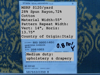 Scalamandre  Old World Weavers Cortona Damask Bleu Blue Tan Grey Watkins Renaissance Cotton Rayon