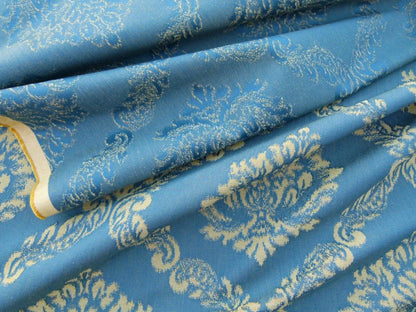 Scalamandre  Old World Weavers Cortona Damask Bleu Blue Tan Grey Watkins Renaissance Cotton Rayon