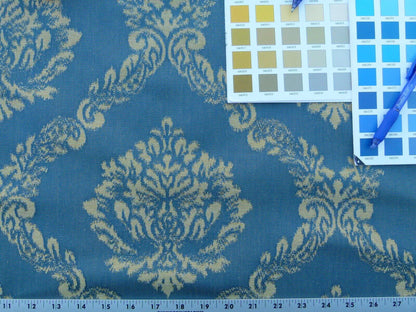Scalamandre  Old World Weavers Cortona Damask Bleu Blue Tan Grey Watkins Renaissance Cotton Rayon