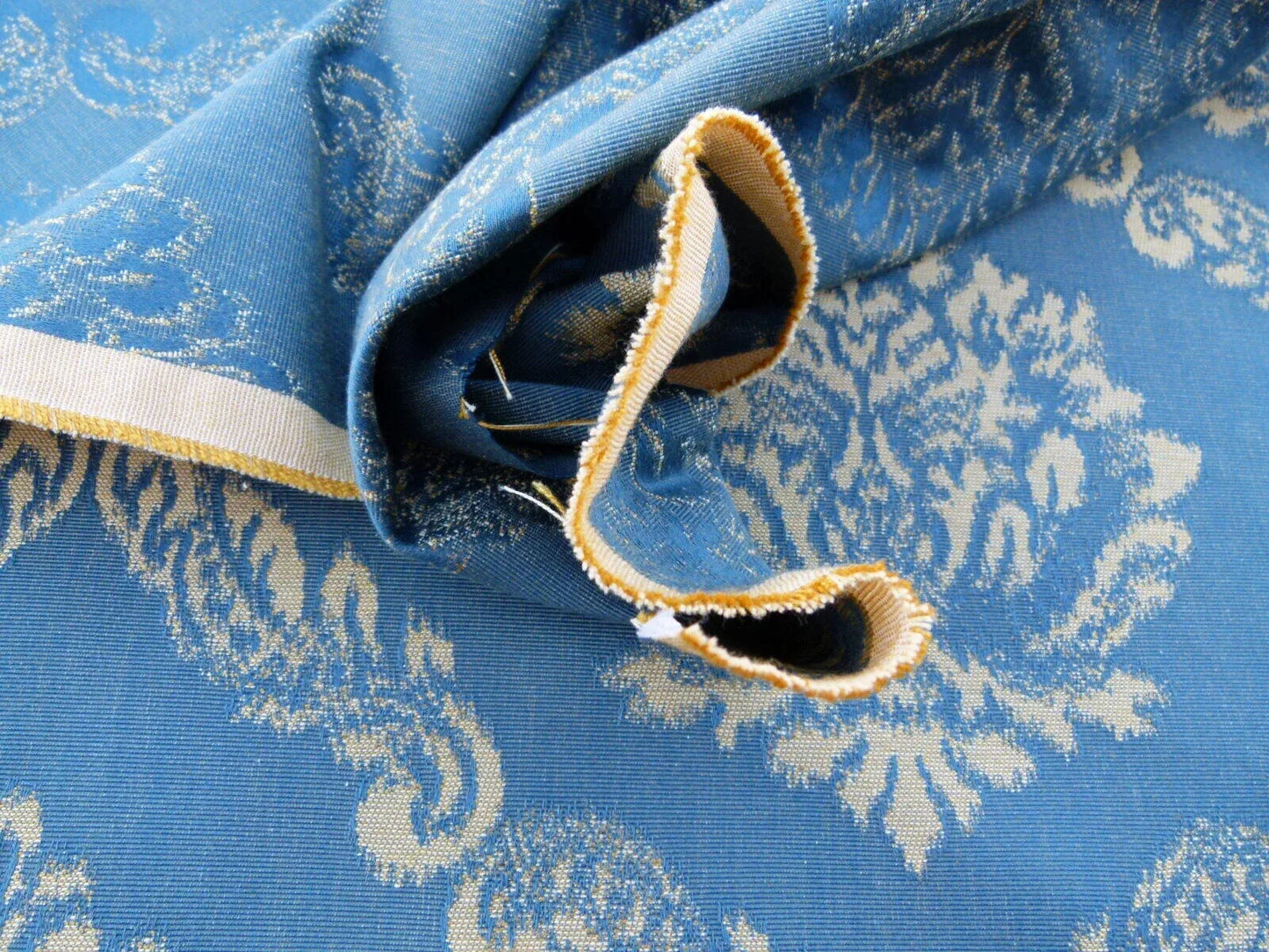 Scalamandre  Old World Weavers Cortona Damask Bleu Blue Tan Grey Watkins Renaissance Cotton Rayon