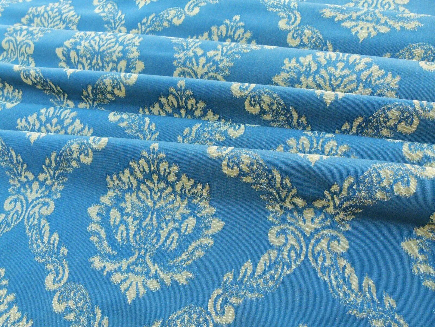 Scalamandre  Old World Weavers Cortona Damask Bleu Blue Tan Grey Watkins Renaissance Cotton Rayon
