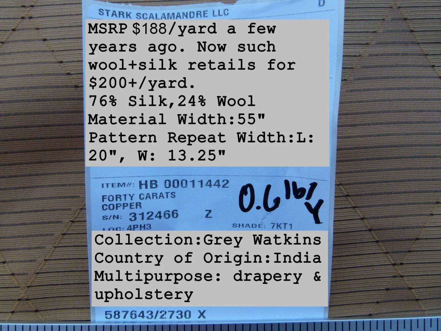 By Yd Scalamandre Forty Carats Copper Grey Watkins Silk Wool Jacquard Diamond Harlequin MSRP USD188/Y