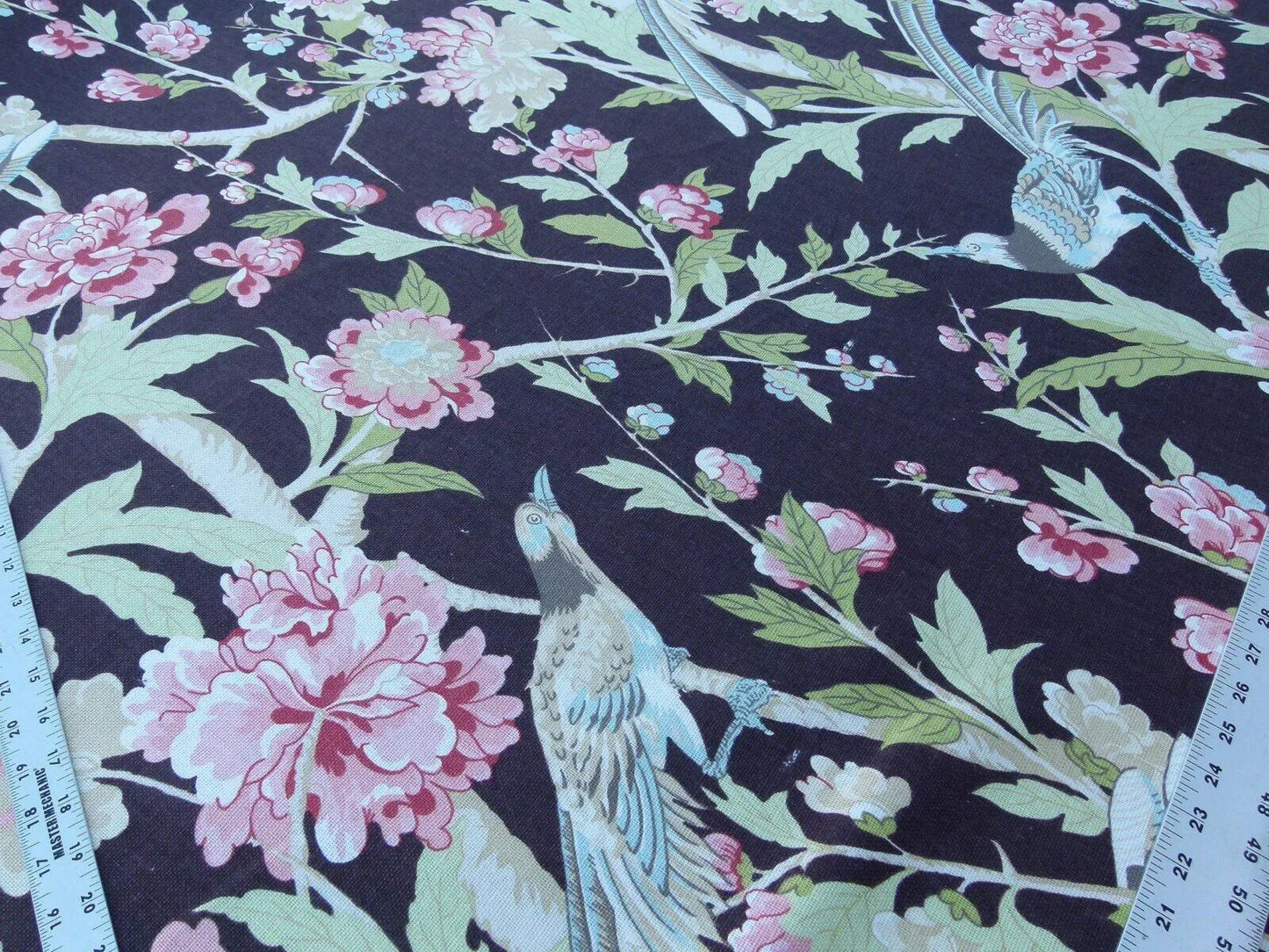 Scalamandre Devon Chocolate Black Deep Brown Chinoiserie Bird Flower Print Old World Weavers