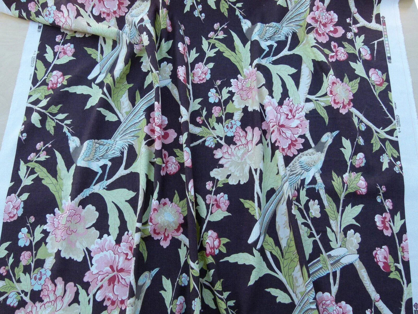 Scalamandre Devon Chocolate Black Deep Brown Chinoiserie Bird Flower Print Old World Weavers