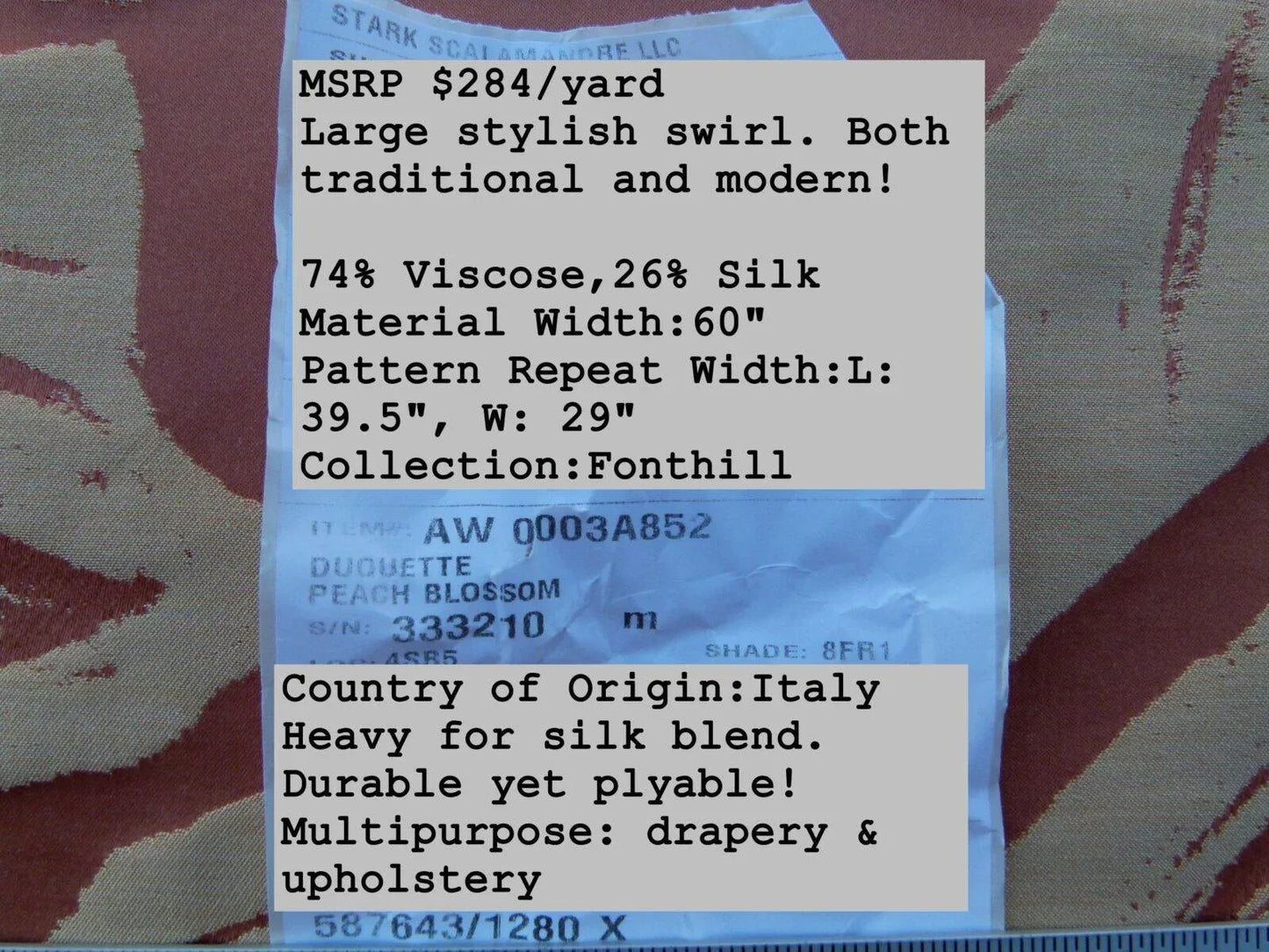 By Yd Scalamandre Duquette Fonthill Peach Blossom Old World Weavers Silk Damask Swirl MSRP USD 284/Y