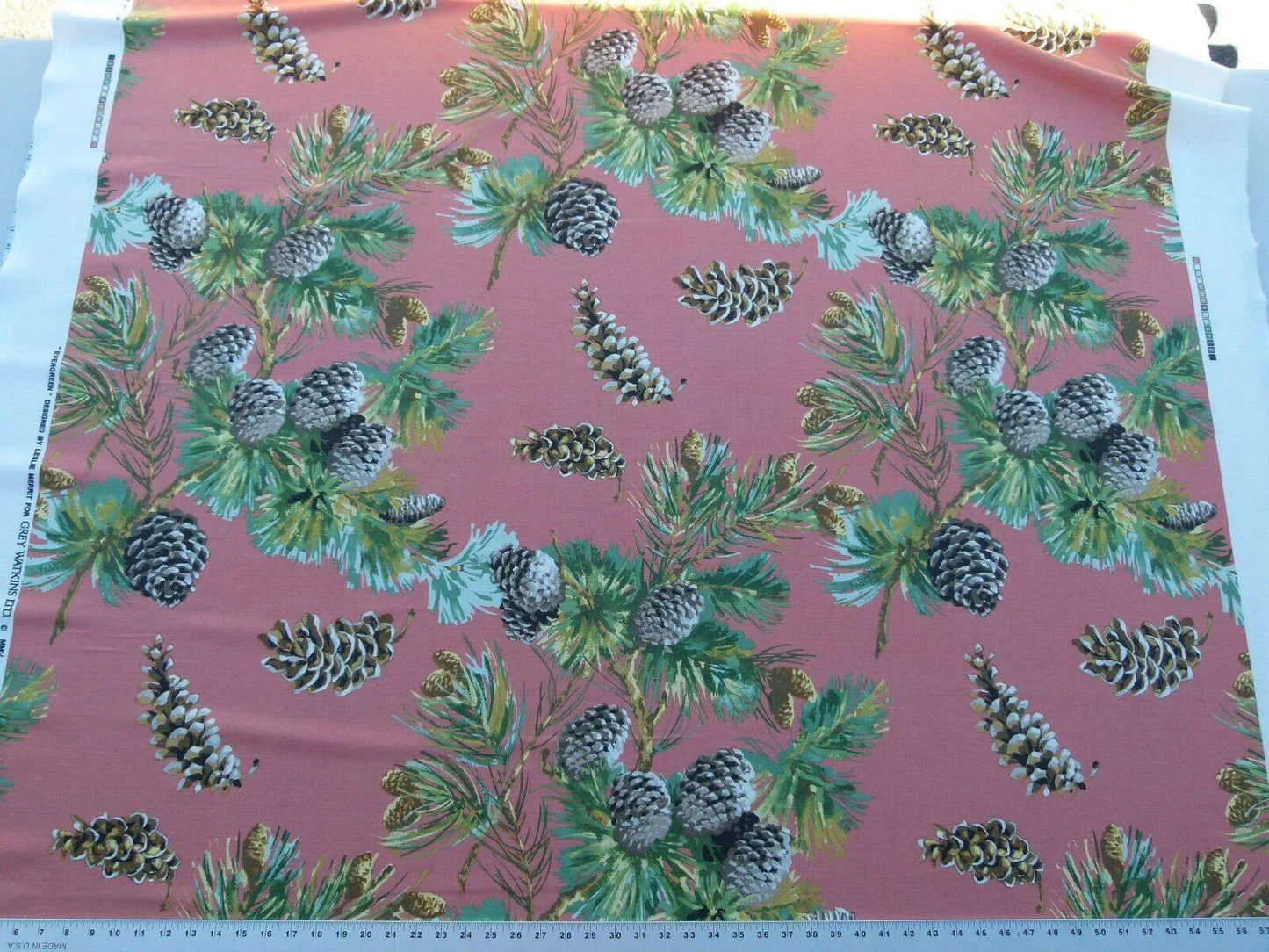 By Yd Scalamandre Evergreen Gw Salmon Pine Cone Hand Printed MSRP USD 441/Y