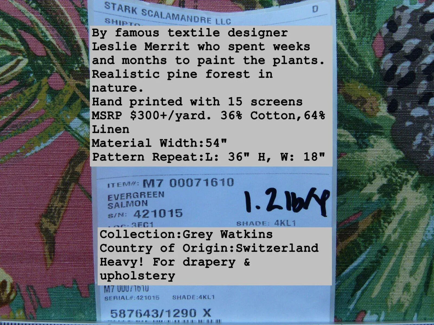 By Yd Scalamandre Evergreen Gw Salmon Pine Cone Hand Printed MSRP USD 441/Y