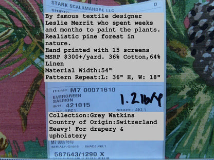 By Yd Scalamandre Evergreen Gw Salmon Pine Cone Hand Printed MSRP USD 441/Y