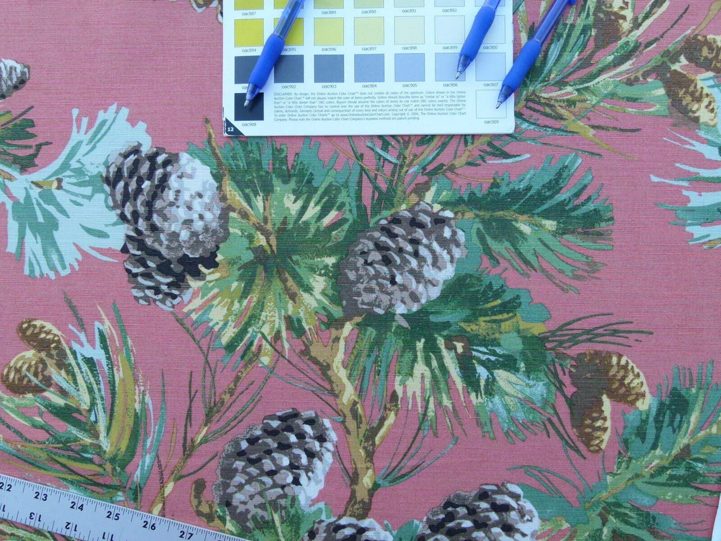 By Yd Scalamandre Evergreen Gw Salmon Pine Cone Hand Printed MSRP USD 441/Y