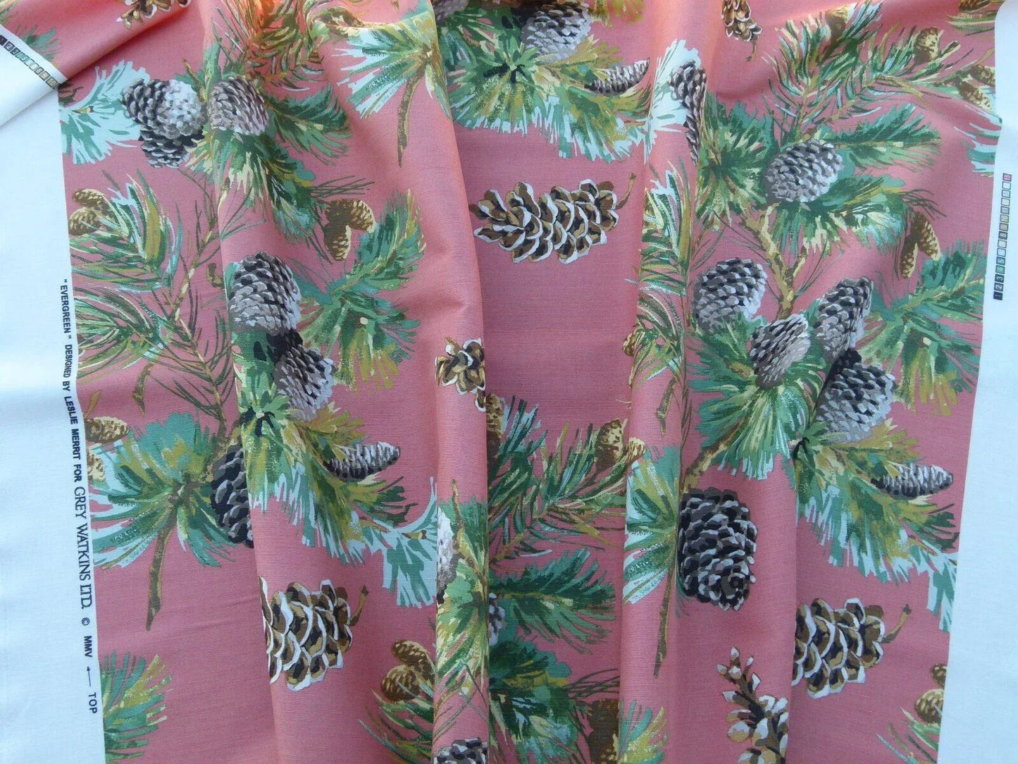 By Yd Scalamandre Evergreen Gw Salmon Pine Cone Hand Printed MSRP USD 441/Y