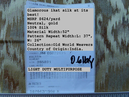 By Yd Scalamandre Kalasin Wheat Gold Old World Weavers Silk Ikat MSRP USD 624/Y