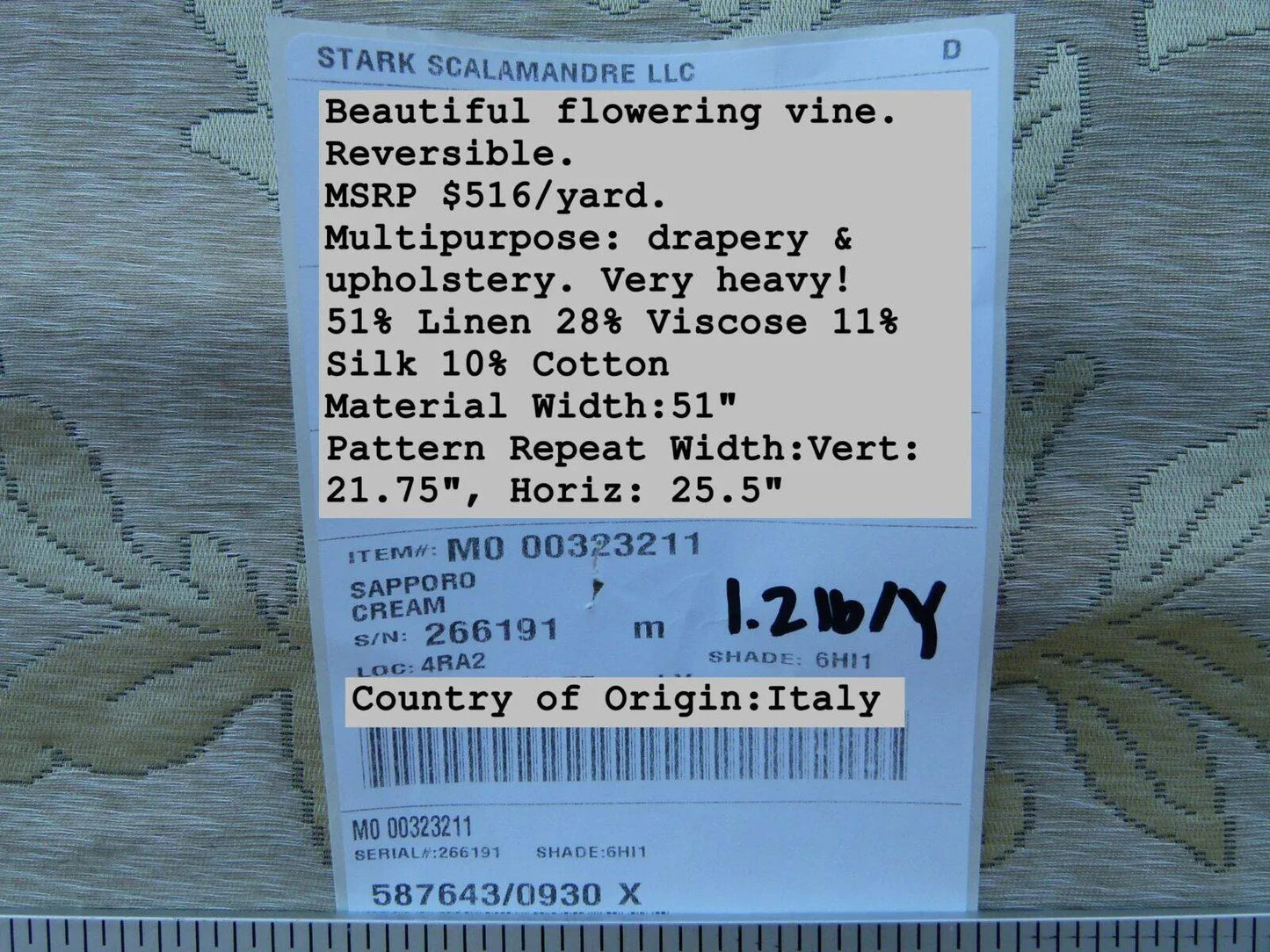 Scalamandre Old World Weavers Romantic Sapporo Cream Fennel Green  Gold Silk Linen Lampas MSRP USD 516/y Superb Weight! Vine