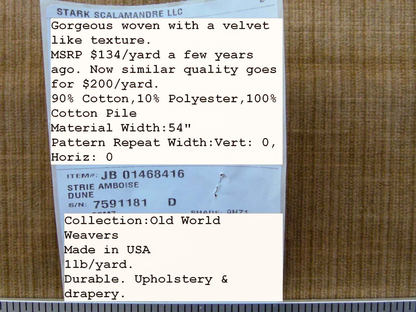 Scalamandre Strie Amboise Dune Velvet Cotton Old World Weavers Cotton Velvet MSRP USD 196/Yd