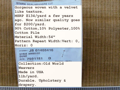 Scalamandre Strie Amboise Dune Velvet Cotton Old World Weavers Cotton Velvet MSRP USD 196/Yd