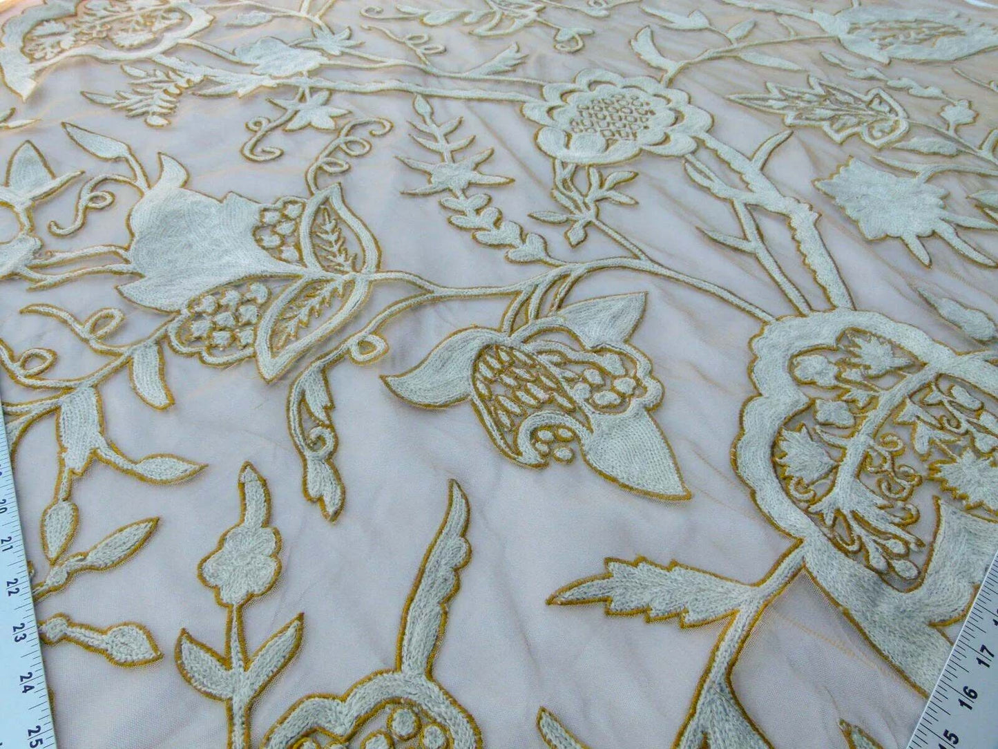 Scalamandre Sikandra Crewel Sheer Ivory Multi Wool Hand Crewel Old World Weavers MSRP USD 770/Y