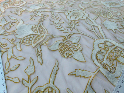 Scalamandre Sikandra Crewel Sheer Ivory Multi Wool Hand Crewel Old World Weavers MSRP USD 770/Y