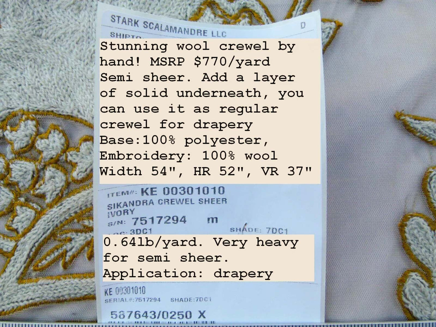 Scalamandre Sikandra Crewel Sheer Ivory Multi Wool Hand Crewel Old World Weavers MSRP USD 770/Y