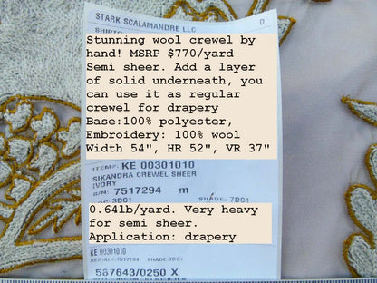 Scalamandre Sikandra Crewel Sheer Ivory Multi Wool Hand Crewel Old World Weavers MSRP USD 770/Y