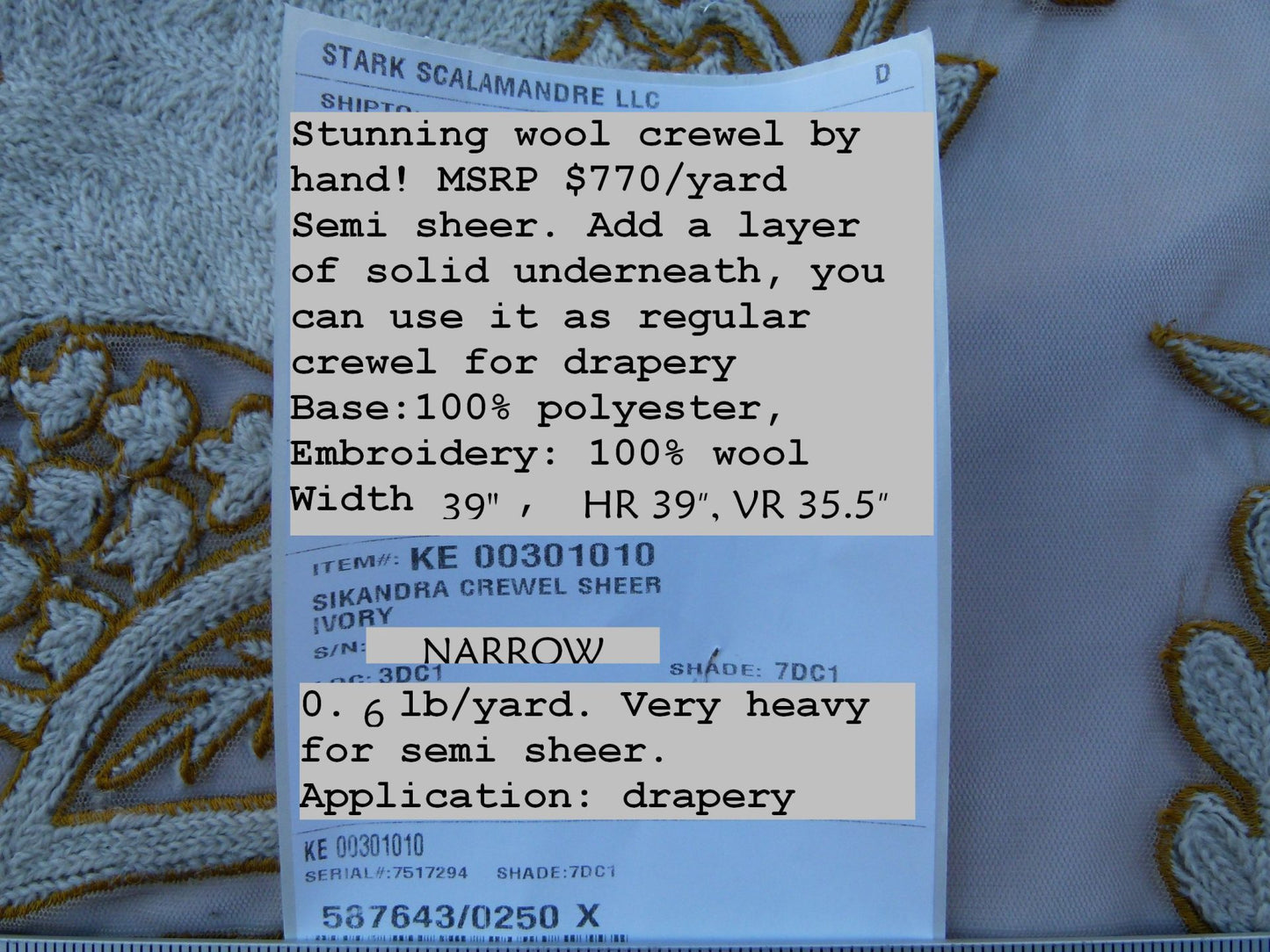 Scalamandre Sikandra Crewel Sheer Ivory Multi Wool Hand Crewel Old World Weavers MSRP USD 770/Y width 39 inches (Narrow)