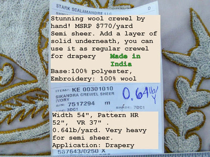 Scalamandre Sikandra Crewel Sheer Ivory Multi Wool Hand Crewel Old World Weavers MSRP USD 770/Y