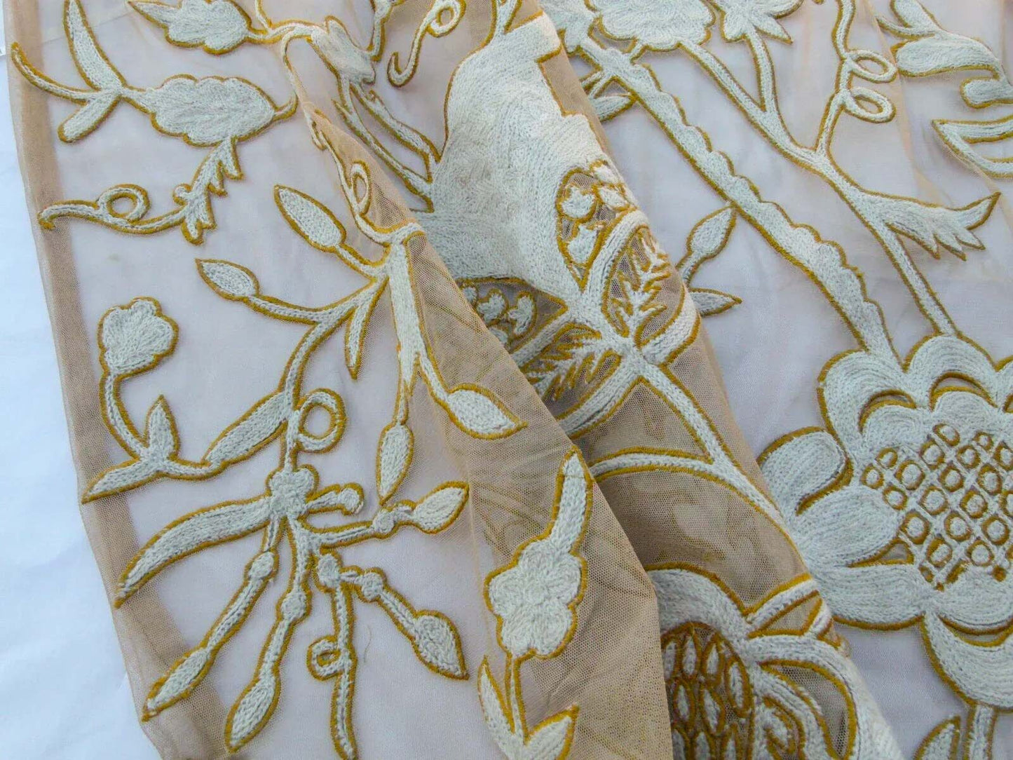 Scalamandre Sikandra Crewel Sheer Ivory Multi Wool Hand Crewel Old World Weavers MSRP USD 770/Y