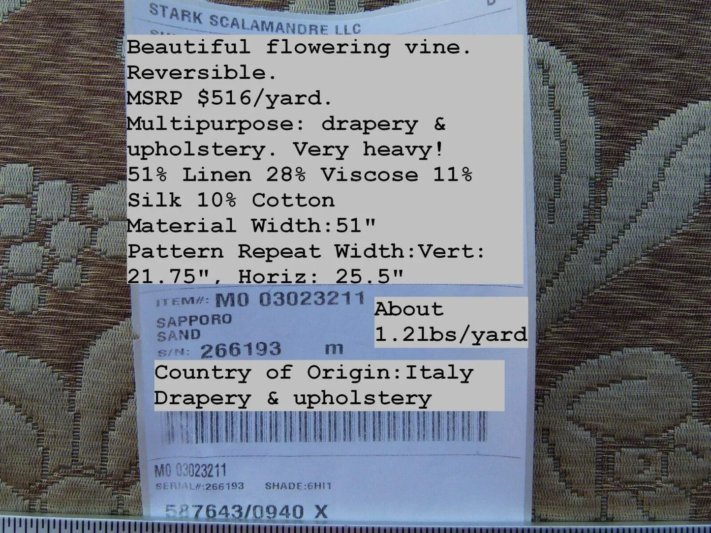 Scalamandre Romantic Sapporo Sand Gold Beige Brown  Silk Linen Lampas MSRP USD 516/y Superb Weight! Vine