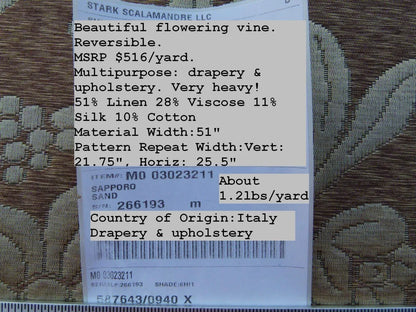 Scalamandre Romantic Sapporo Sand Gold Beige Brown  Silk Linen Lampas MSRP USD 516/y Superb Weight! Vine