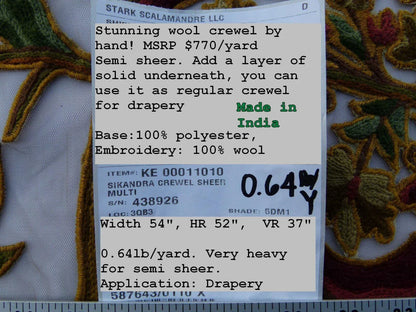 Scalamandre Sikandra Crewel Sheer Multi Wool Hand Crewel Old World Weavers MSRP USD 770/Y