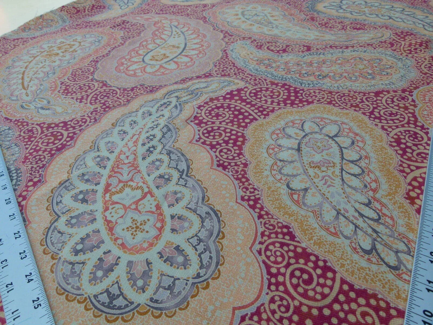 0.9Y Scalamandre Hamadan Blue Red Print Linen Grey Watkins MSRP USD 272/Y  Old World Weavers Paisley Print