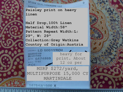 0.9Y Scalamandre Hamadan Blue Red Print Linen Grey Watkins MSRP USD 272/Y  Old World Weavers Paisley Print