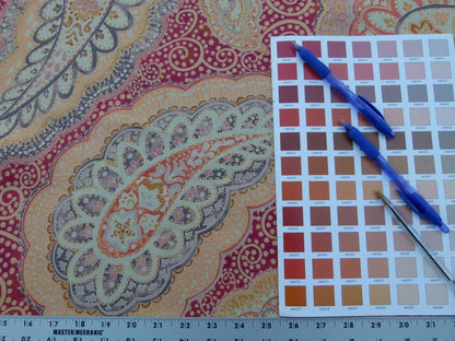 0.9Y Scalamandre Hamadan Blue Red Print Linen Grey Watkins MSRP USD 272/Y  Old World Weavers Paisley Print