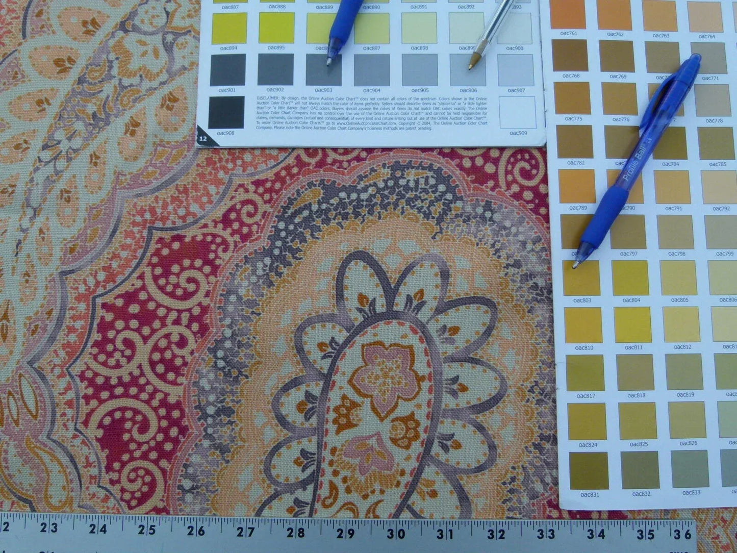 0.9Y Scalamandre Hamadan Blue Red Print Linen Grey Watkins MSRP USD 272/Y  Old World Weavers Paisley Print