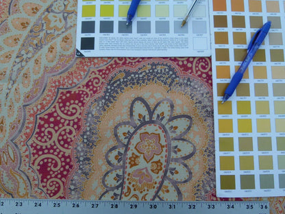 0.9Y Scalamandre Hamadan Blue Red Print Linen Grey Watkins MSRP USD 272/Y  Old World Weavers Paisley Print